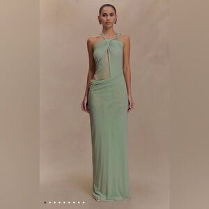 Meshki Sage Green Twist-Halter Maxi Dress with Side Cutout